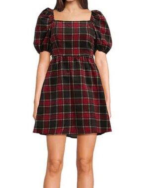 Copper Key Red and Black Plaid Puff-Sleeve Mini Dress